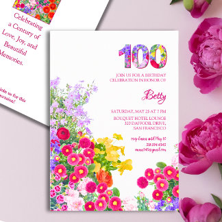 100歳の誕生日パーティー 花 現代的な100 招待状