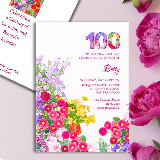 100歳の誕生日パーティー 花 現代的な100 招待状