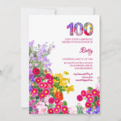 100歳の誕生日パーティー 花 現代的な100 招待状 (正面)