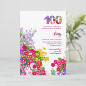 100歳の誕生日パーティー 花 現代的な100 招待状 (スタンド正面)
