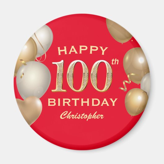 100歳の誕生日パーティー 赤と金の風船 マグネット (正面)