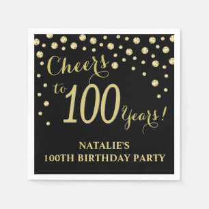 100歳の誕生日パーティー，黒と金ゴールド スタンダードカクテルナプキン