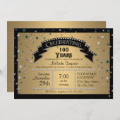 100歳の誕生日パーティ祝フェイクーの宝石紙吹雪 招待状 (正面/裏面)