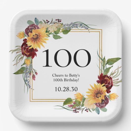 100歳の誕生日ヒマワリ ペーパープレート (正面)