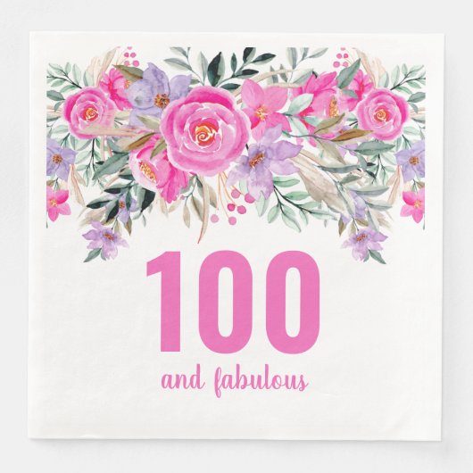 100歳の誕生日ピンクのフローラパーティーナプキン (正面)