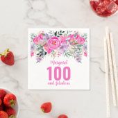 100歳の誕生日ピンクのフローラパーティー スタンダードカクテルナプキン (インサイチュ)