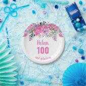 100歳の誕生日ピンクの水色フローラ ペーパープレート (パーティー)