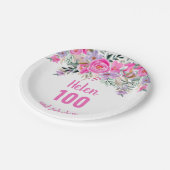100歳の誕生日ピンクの水色フローラ ペーパープレート (アングル)