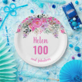 100歳の誕生日ピンクの水色フローラ ペーパープレート (パーティー)