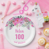 100歳の誕生日ピンクの水色フローラ ペーパープレート (パーティー)