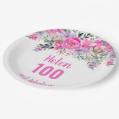 100歳の誕生日ピンクの水色フローラ ペーパープレート (アングル)