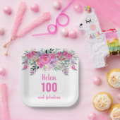100歳の誕生日ピンクの水色フローラ ペーパープレート (パーティー)