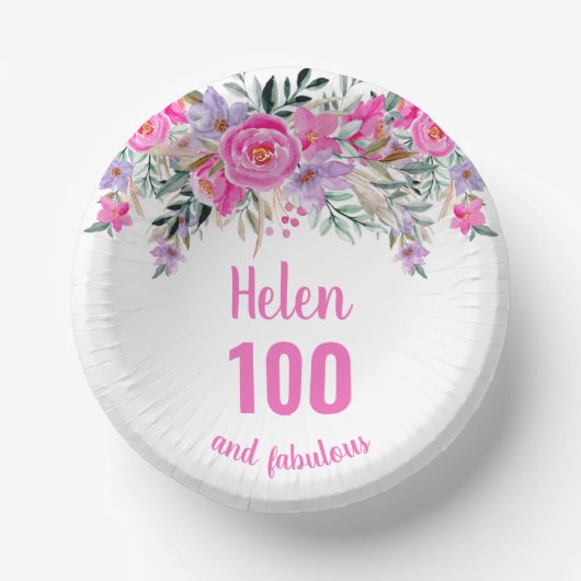 100歳の誕生日ピンクの水色フローラ ペーパーボウル (正面)