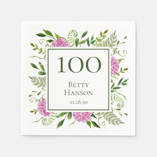 100歳の誕生日ピンクの紫陽花 スタンダードカクテルナプキン (正面)