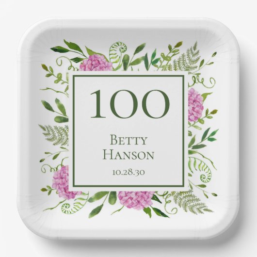 100歳の誕生日ピンクの紫陽花 ペーパープレート (正面)