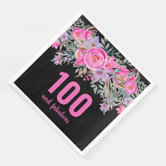 100歳の誕生日ピンクの黒いフローラパーティーナプキン (コーナー)