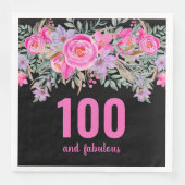 100歳の誕生日ピンクの黒いフローラパーティーナプキン (正面)