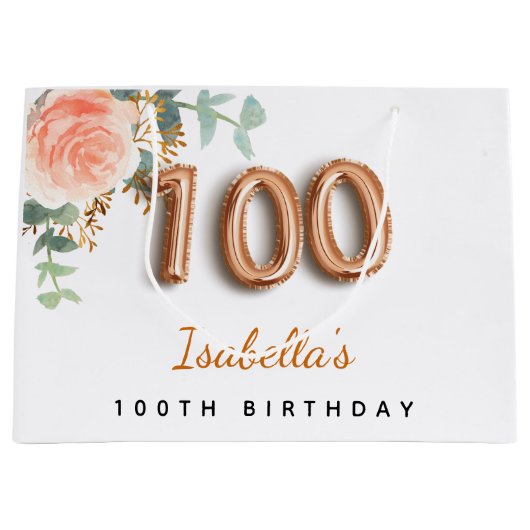 100歳の誕生日フローラバラ金ゴールドユーカリ名 ラージペーパーバッグ (正面)