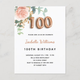 100歳の誕生日フローラバラ金ゴールドユーカリ葉 インビテーションポストカード