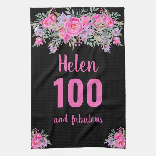 100歳の誕生日ブラックピンクのフローラ ユニーク キッチンタオル (縦)