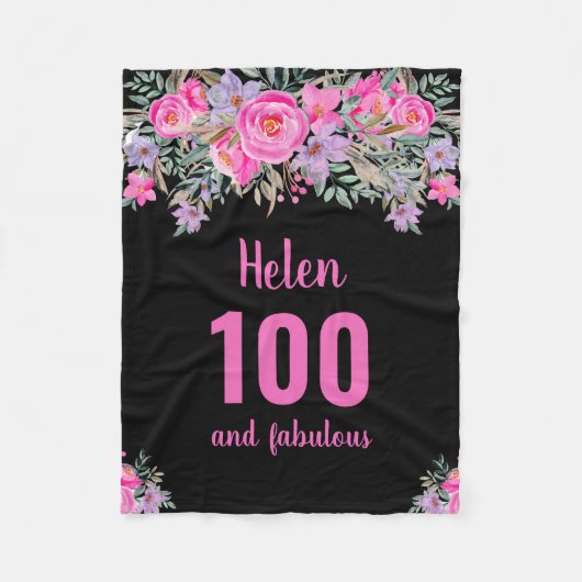 100歳の誕生日ブラックピンクフローラフリースブランケット フリースブランケット (正面)