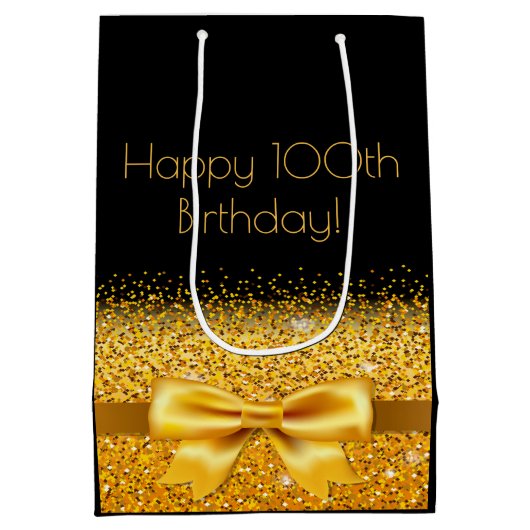 100歳の誕生日ブラック金ゴールドの弓きらめき ミディアムペーパーバッグ (裏面)