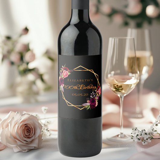 100歳の誕生日ブラック金ゴールドフローラ ワインラベル