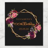 100歳の誕生日ブラック金ゴールドフローラ ワインラベル (シングルラベル)