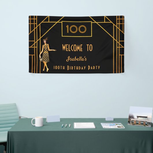 100歳の誕生日ブラック金ゴールド1920のアートデコ 横断幕 (トレードショー)