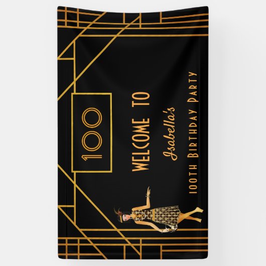 100歳の誕生日ブラック金ゴールド1920のアートデコ 横断幕 (縦)