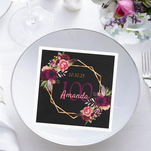 100歳の誕生日ブラック金ゴールドgeoフローラブルゴーニュ スタンダードカクテルナプキン