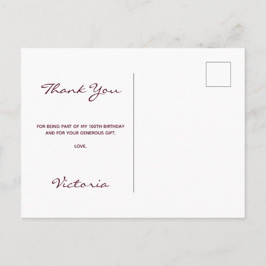 100歳の誕生日ブルゴーニュフローラホワイトありがとう ポストカード (裏面)