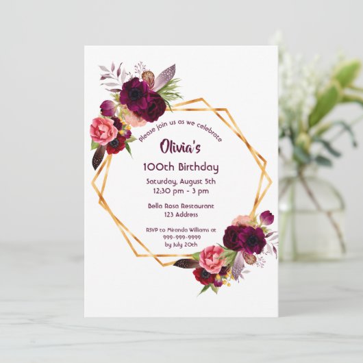 100歳の誕生日ブルゴーニュ花模様金ゴールド幾何学的 招待状 (スタンド正面)
