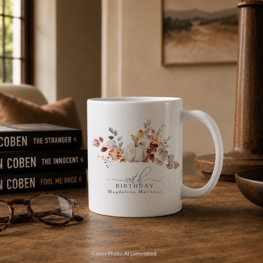 100歳の誕生日プレゼント 白いカボチャと秋の花 コーヒーマグカップ