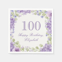 100歳の誕生日ペーパーナプキン 高級感のある紫の花