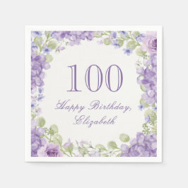100歳の誕生日ペーパーナプキン 高級感のある紫の花 スタンダードカクテルナプキン
