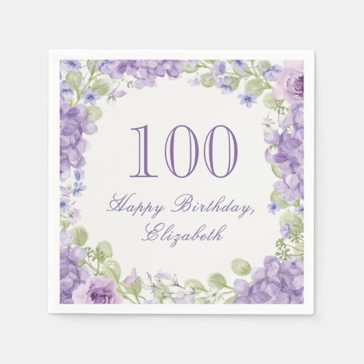 100歳の誕生日ペーパーナプキン 高級感のある紫の花 スタンダードカクテルナプキン (正面)