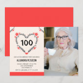 100歳の誕生日招待状のフローラハート 招待状 (正面/裏面)