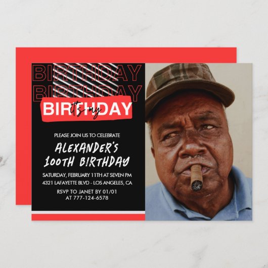 100歳の誕生日招待状メンズパーティーフォトレッド 招待状 (正面/裏面)