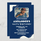 100歳の誕生日招待状メンズ写真シンプル海軍 招待状 (正面/裏面)