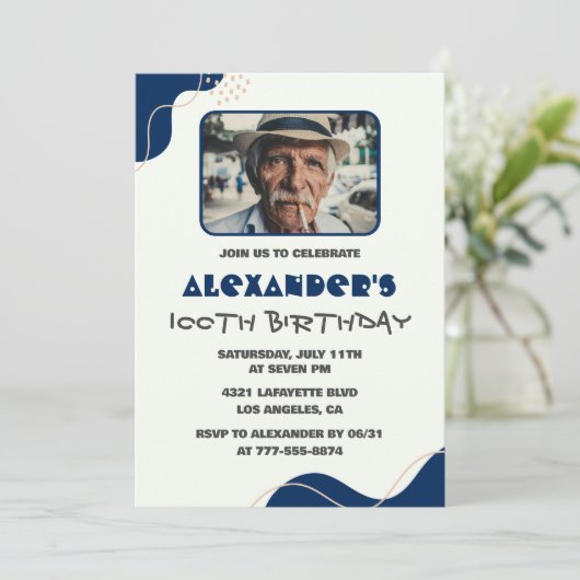100歳の誕生日招待状メンズ海軍シンプル写真 招待状 (スタンド正面)