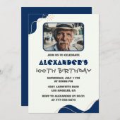 100歳の誕生日招待状メンズ海軍シンプル写真 招待状 (正面/裏面)