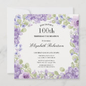100歳の誕生日招待状 エレガントな紫の花 招待状 (正面)