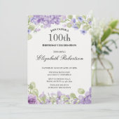 100歳の誕生日招待状 エレガントな紫の花 招待状 (スタンド正面)
