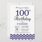 100歳の誕生日招待状 ネイビーブルーのシェブロン 招待状 (正面)