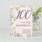 100歳の誕生日招待状 ピンクの芍薬の花柄デザイン 招待状 (スタンド正面)