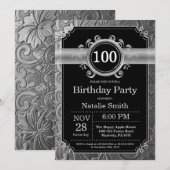 100歳の誕生日招待状 ブラックとシルバーのグリッター 招待状 (正面/裏面)