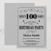 100歳の誕生日招待状 ブラックとシルバーグレー 招待状 (正面/裏面)