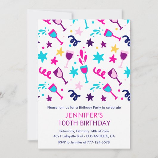 100歳の誕生日招待状 モダン ピンク おしゃれ 招待状 (正面)