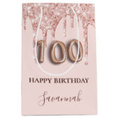100歳の誕生日赤面ピンクグリッタードリップバラ金ゴールド ミディアムペーパーバッグ (正面)